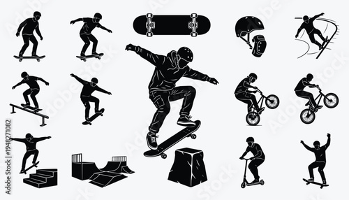 Skateboarder and Bike silhouettes performing extreme sport tricks in a park