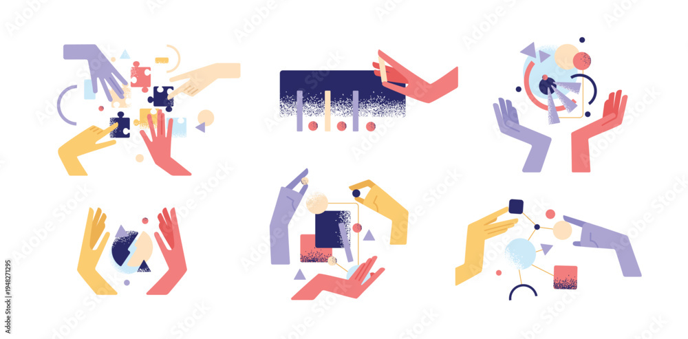 Fototapeta premium Hands illustrations. Vector concepts of hands in different activities. Creative illustrations for graphic and web design, marketing, business presentation, social media