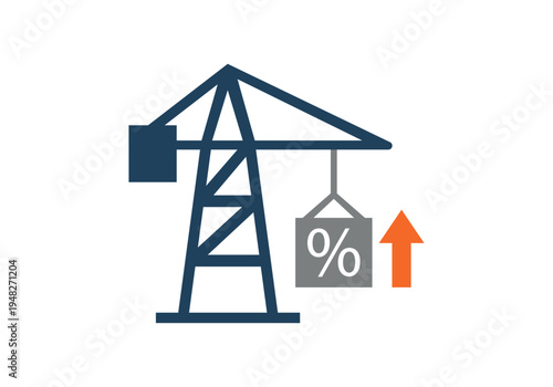 Grúa industrial elevando un bloque con el símbolo de porcentaje y una flecha naranja de crecimiento