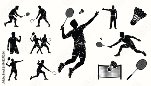 Badminton players silhouettes set with rackets and shuttlecocks
