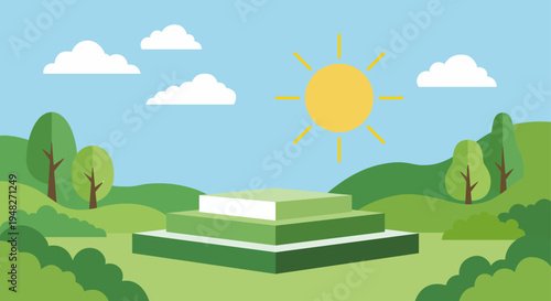 Podio verde escalonado en un paisaje natural con árboles bajo un cielo soleado