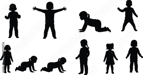 Happy children and toddlers playing silhouettes, diverse kids standing and crawling poses, solid silhouette vector for family childcare designs