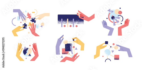 Hands illustrations. Vector concepts of hands in different activities. Creative illustrations for graphic and web design, marketing, business presentation, social media