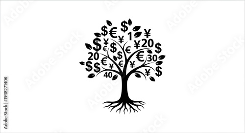 Money Tree Illustration with Currency Symbols and Leaves on White.