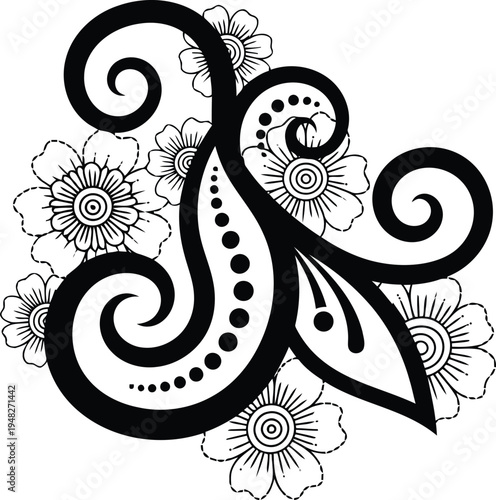 Elegant Swirl Ornament with Small Flowers for Mehndi Invitation Art