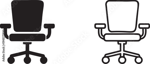 Set of 2 Office Chair Icons Vector: Modern Ergonomic Swivel Chair with Wheels, One Solid Black and One Outline Style for Business and Workspace Design