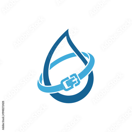 An innovative logo design featuring a water drop secured by a strap, symbolizing water management and conservation efforts with a modern and clean aesthetic.