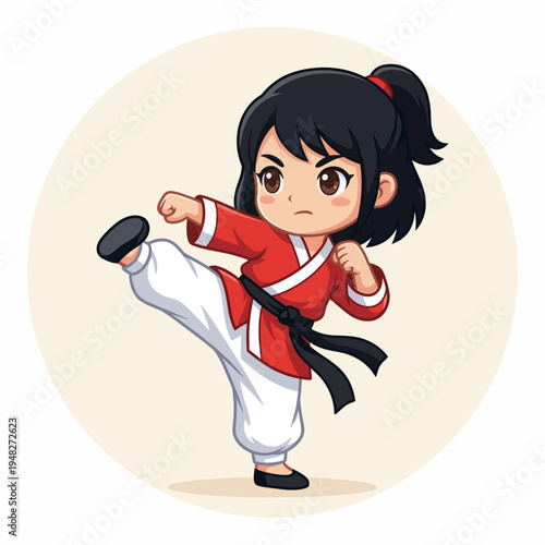 A fierce and determined young girl in a karate uniform executing a powerful kick stance, symbolizing strength, discipline, and the spirit of martial arts training.