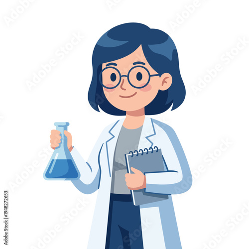 A cheerful scientist in a lab coat holding a blue liquid in a flask, symbolizes the joy of scientific discovery and curiosity, ideal for education and research themes.