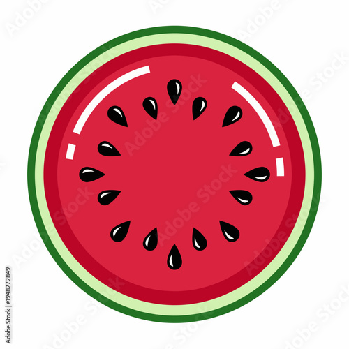 This vibrant watermelon slice icon design showcases the juicy red flesh and black seeds, embodying summer freshness and fruity flavors, perfect for food-related graphics.