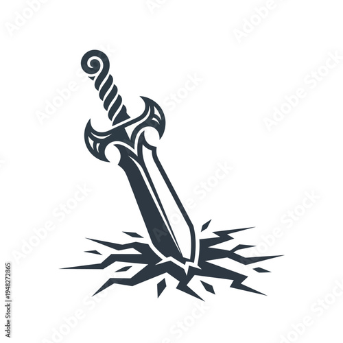 A beautifully designed sword plunged into a cracked surface, symbolizing strength and valor. The intricate details add a touch of artistry and depth to the concept of power.