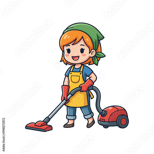 A cheerful girl vacuuming her home, embodying positivity and diligence in daily chores. Her happy expression highlights the satisfaction found in maintaining a clean space.
