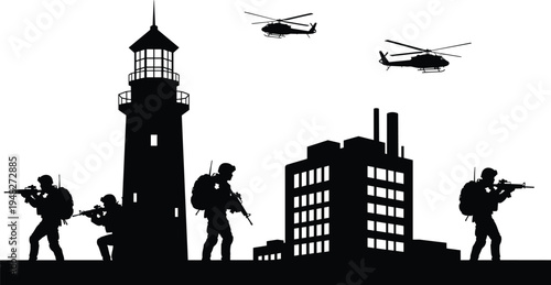 Black silhouette vector of military soldiers on mission near a lighthouse and industrial building with helicopters flying overhead representing defense security