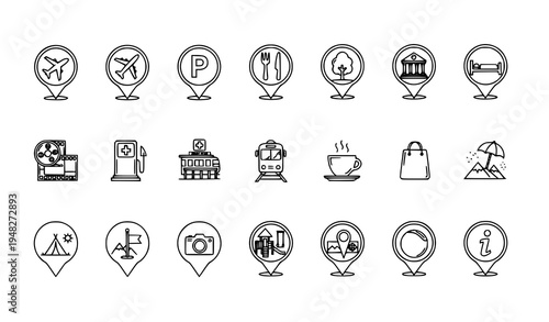 Black and White Map Pin Icons Vector Set for POI Navigation and Travel Locations