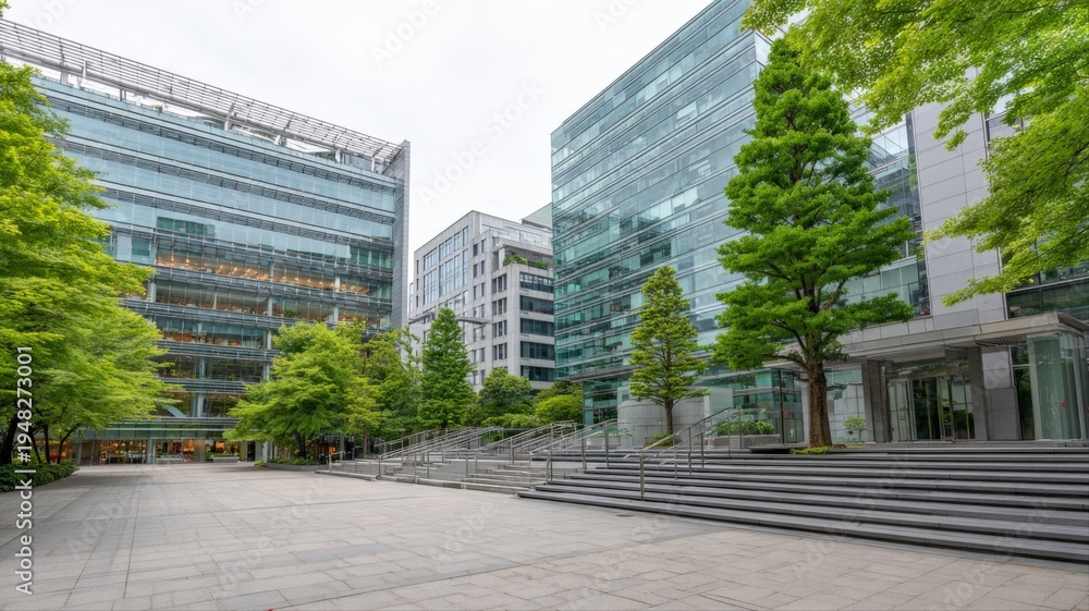 Obraz premium Modern Office Buildings Surround Green Park Space, Creating an Appealing Urban Oasis for Business Professionals
