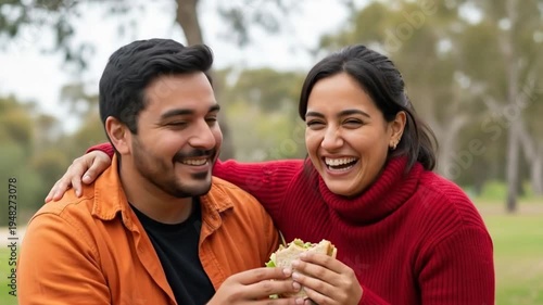 A happy couple enjoying a romantic moment together in a park