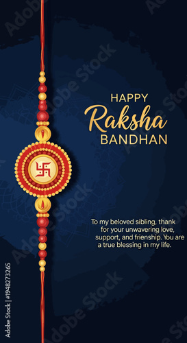 Happy Raksha Bandhan A beautiful illustration of a Rakhi with a Swastika symbol and a heartfelt message for a sibling