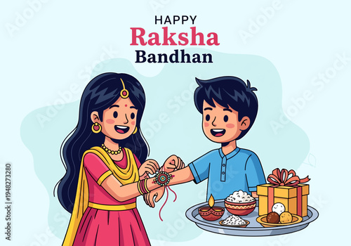 Happy Raksha Bandhan brother and sister celebrating festival, tying Rakhi, gift, sweets, and Diya on a tray