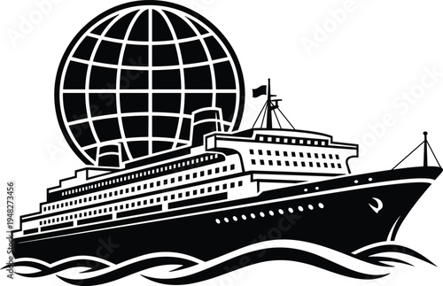 Black and white vector illustration of a luxury cruise ship ocean liner sailing on waves with a global globe symbol representing international travel