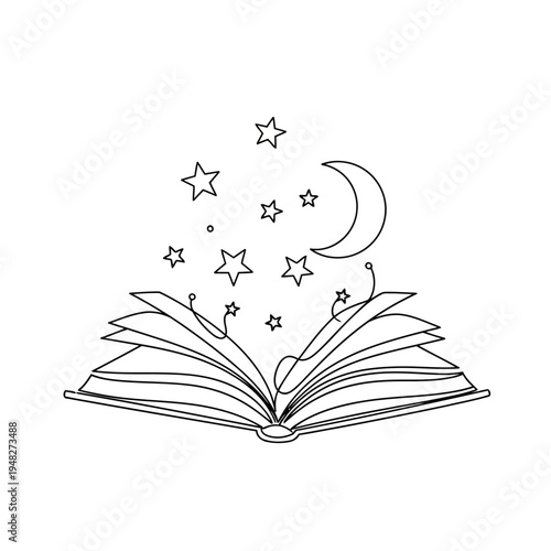 An open book with stars and a crescent moon rising from its pages