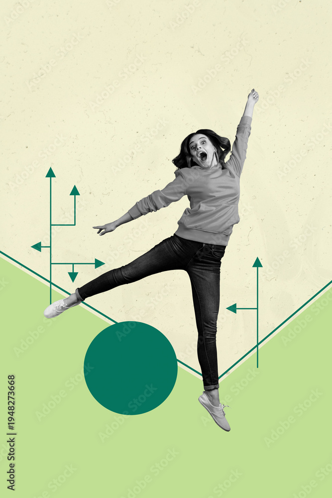 Fototapeta premium Zine banner vertical photo collage of happy businesswoman businessman stand target arrow progress aim achievement success