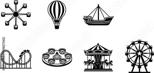 Set of amusement park ride icons including Ferris wheel, roller coaster, carousel, teacups, pirate ship, hot air balloon, perfect for entertainment, recreation, and design projects