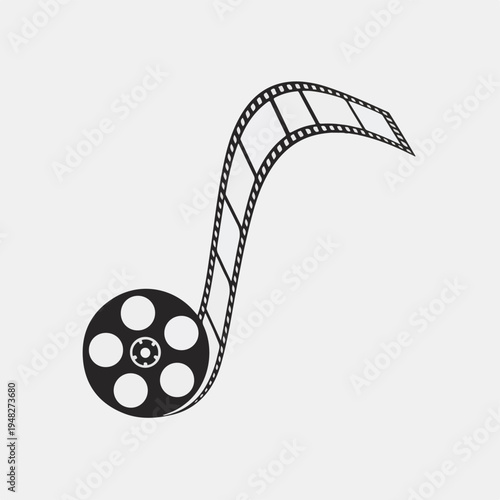 Film reel with a curved strip of film on a light gray background Keywords: film reel, movie film, cinema film, film strip