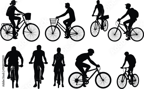 Silhouettes of diverse cyclists riding bicycles in various poses and styles, showcasing urban commuting, athletic cycling, and lifestyle transportation concepts for stock illustration use
