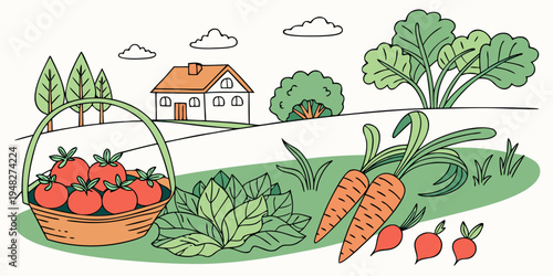 a basket of tomatoes and carrots in a garden Vector