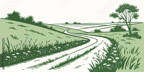 a dirt road winding through a grassy hill Vector