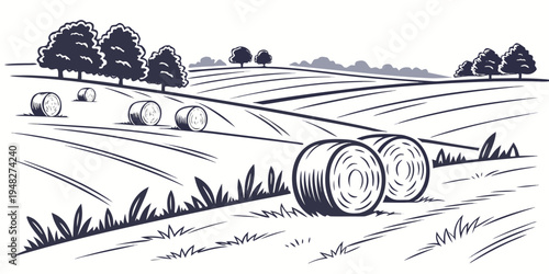 a field with hay bales and trees in the distance Vector