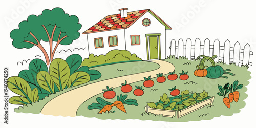 a house with a garden and a white picket fence Vector