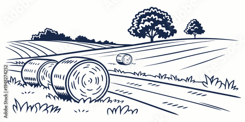 a blue and white drawing of hay bales in a field Vector
