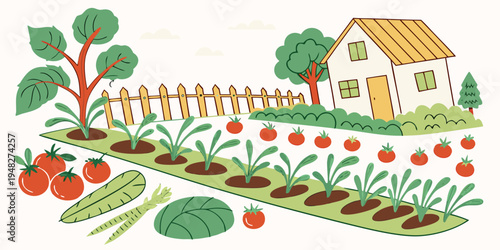 a garden with a house and a variety of plants and vegetables growing Vector