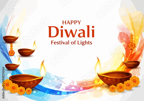 Happy Diwali Festival of Lights Indian Lamps Traditional Celebration Decorative Background with Floral Elements and Abstract Art