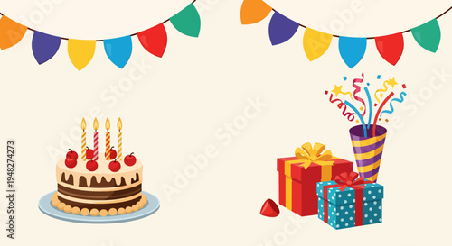 Happy Birthday Celebration with Cake, Gifts, Confetti Popper and Festive Bunting Flags