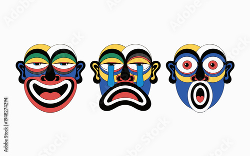 Caricature doodle character face expressions. Smiling, crying, surprised. Isolated modern illustration icons. Cartoon expressions. vector icon