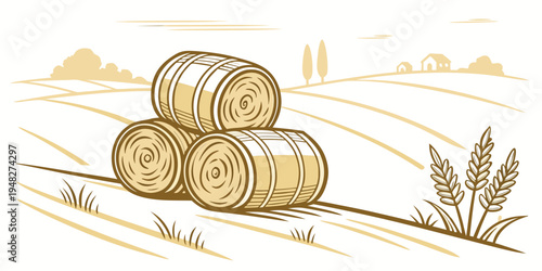 a stack of hay bales in a rural field Vector