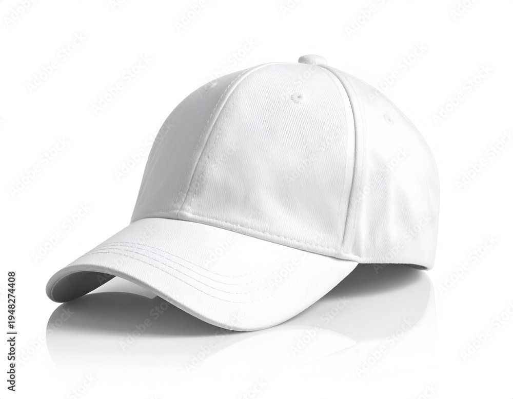 Fototapeta premium A plain white baseball cap against a white background