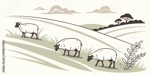three sheep grazing on a green hillside Vector