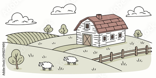a white house with a brown roof and sheep in a field Vector