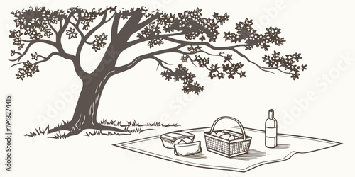 a picnic setup under a tree with a bottle and basket Vector