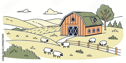 a barn with a green roof and sheep grazing in the field Vector