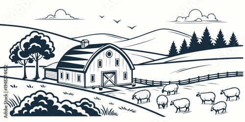 a large barn with a slanted roof surrounded by sheep and trees Vector