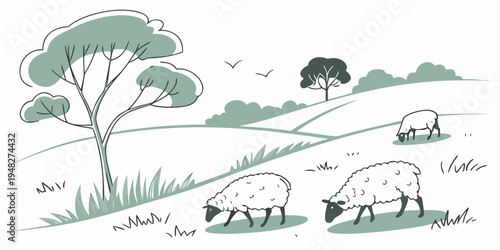 sheep grazing on a green hillside with trees Vector