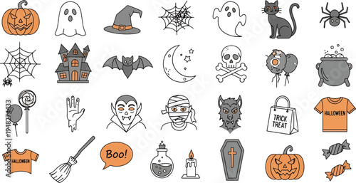 Halloween Icon Set Spooky Vector Graphics Including Pumpkin Ghost Bat Vampire Mummy Haunted House and More Holiday Elements