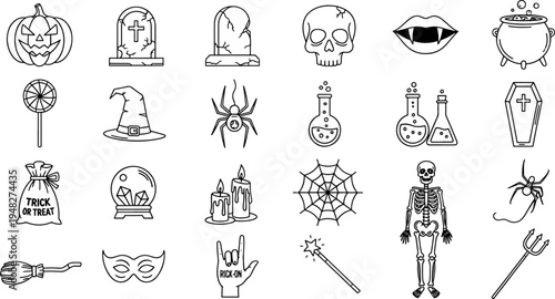 Halloween icons collection with pumpkins, skulls, witches hats, spiders, cauldrons, trick or treat bags, and magic wands