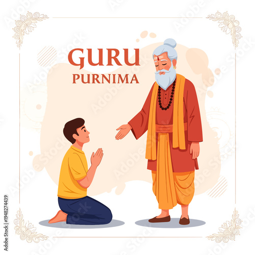 Guru Purnima celebration with a young disciple praying to a wise guru symbolizing respect and spiritual guidance on a festival day