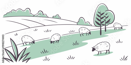 a group of sheep grazing on a green hillside Vector