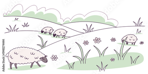 a sheep is grazing in a green meadow with flowers Vector